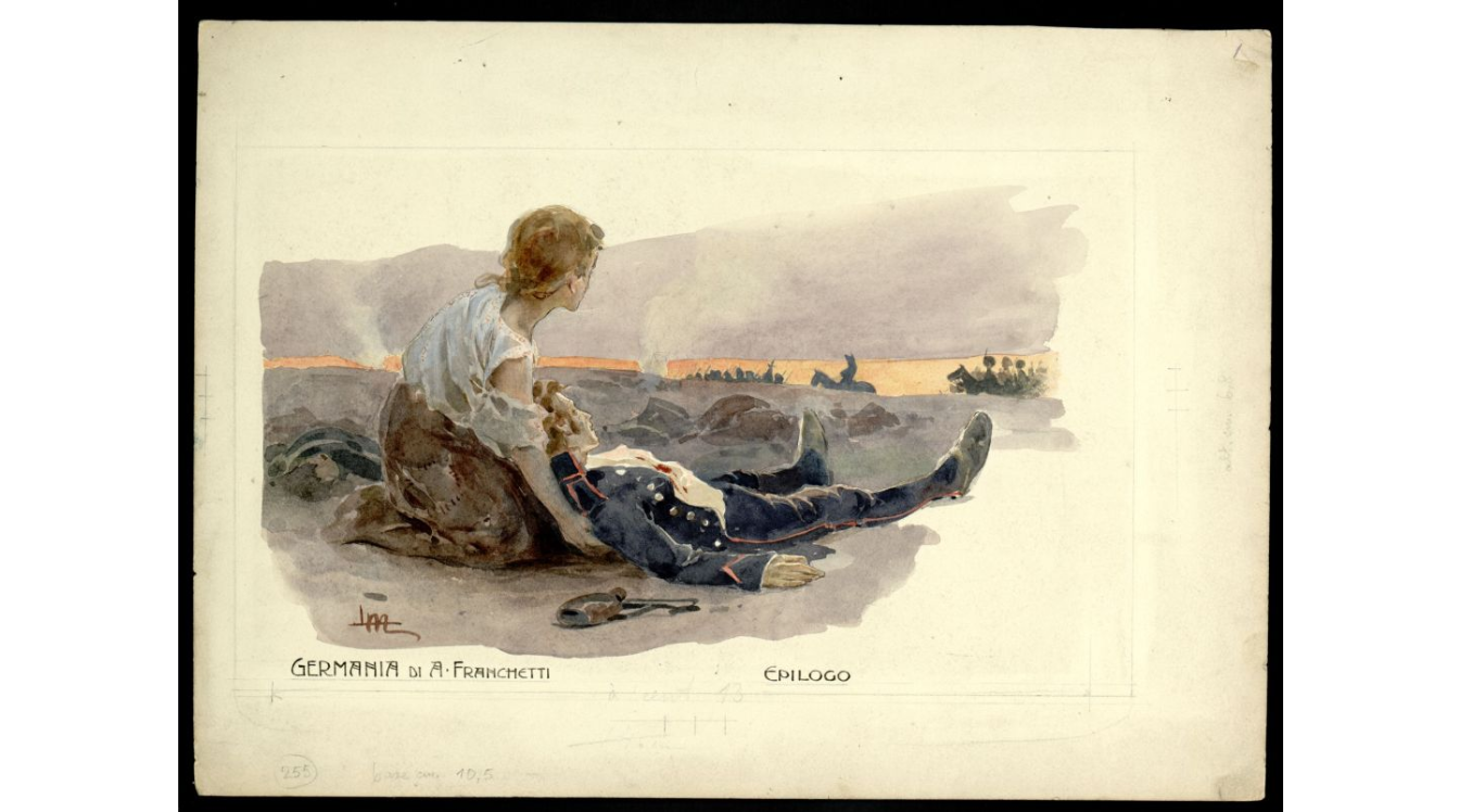 Act III - Federico fra le braccia di Ricke, sullo sfondo Napoleone e il suo esercito in ritirata.png