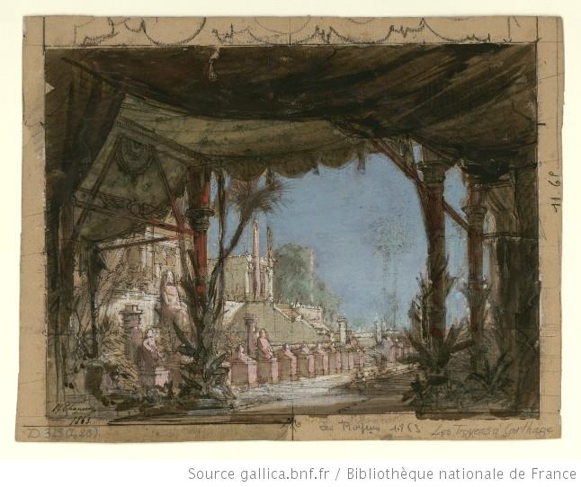 Les Troyens à Carthage - Acte II - esquisse de décor - les jardins de Didon au bord de la mer, statues colossales devant les marches du palais.jpg